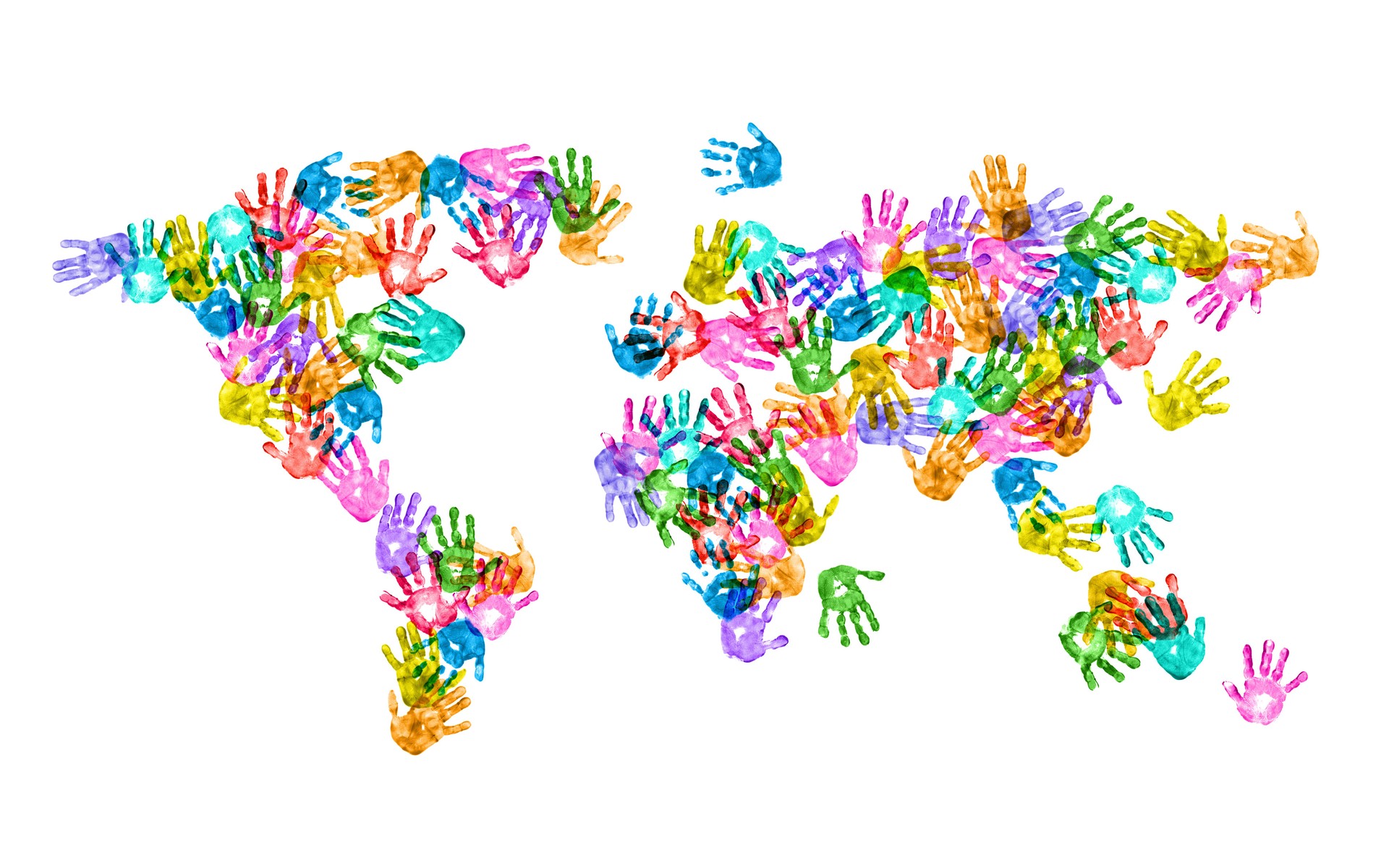 World Map of Colorful Children Handprints on White Background